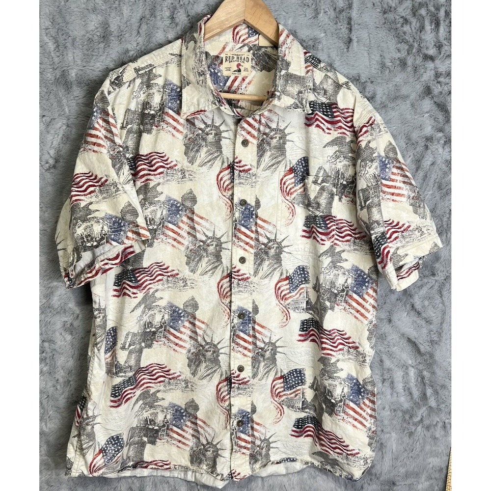 Red Head Co USA Flag Statue of Liberty Short Sleeve Button Shirt Mens Size XL